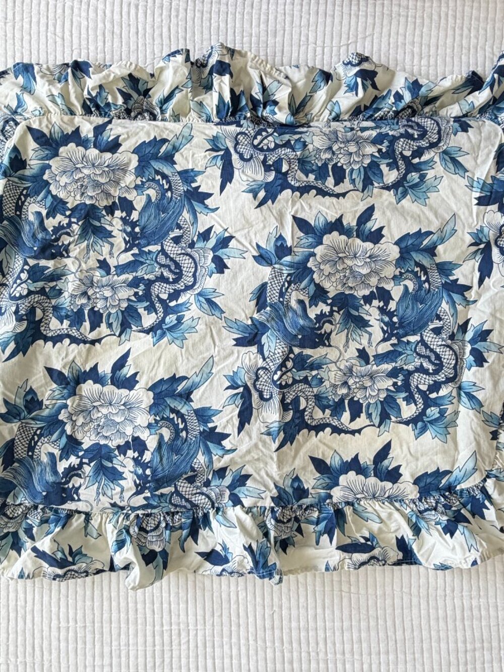 Ralph Lauren Porcelain Nanking Dragon Bird Floral Ruffle Pillow Sham Blue White